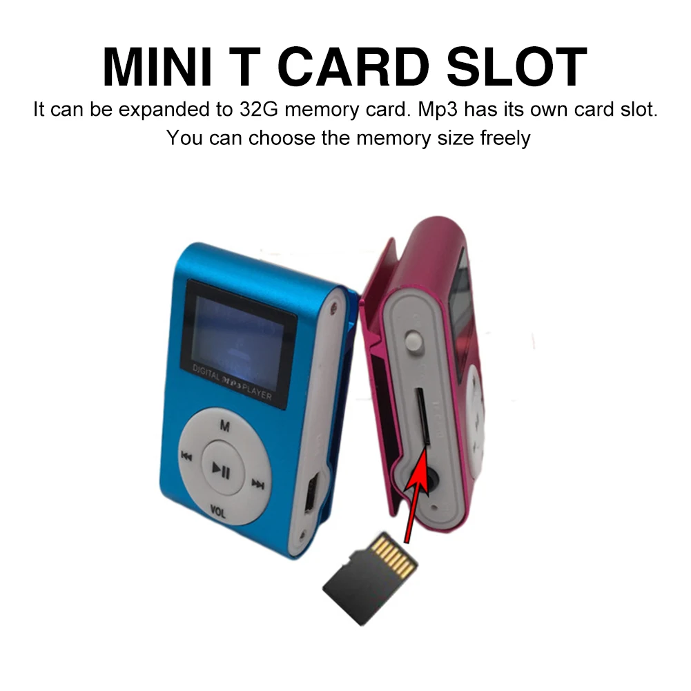 Mini Portátil MP3 Player Digital com Clipe, Recarregável, Tela LCD, USB 2.0, Moda Esportiva, Música, Estudante, Crianças, 32GB.